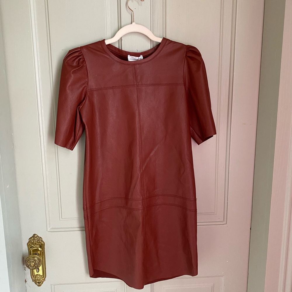 Lavender Brown Red Puff Sleeve Mini Dress